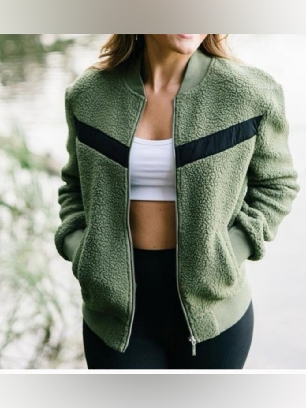 Zyia Active Flying V High Pile Fleece Bomber Jacket  in Olive NWT Large